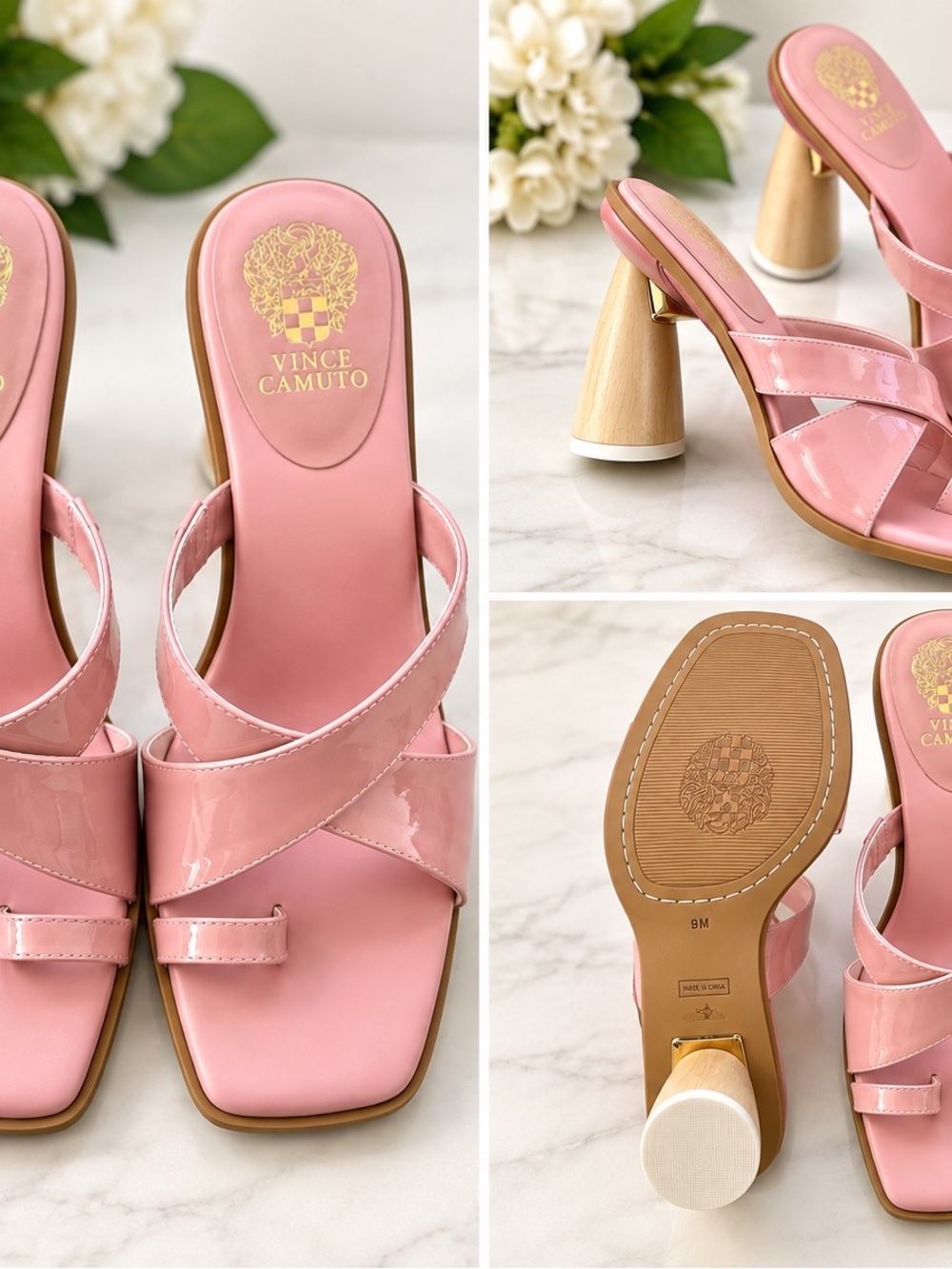 Vince Camuto Pink Patent Cross-Strap Block Heel Mules with Wooden-Look Heel